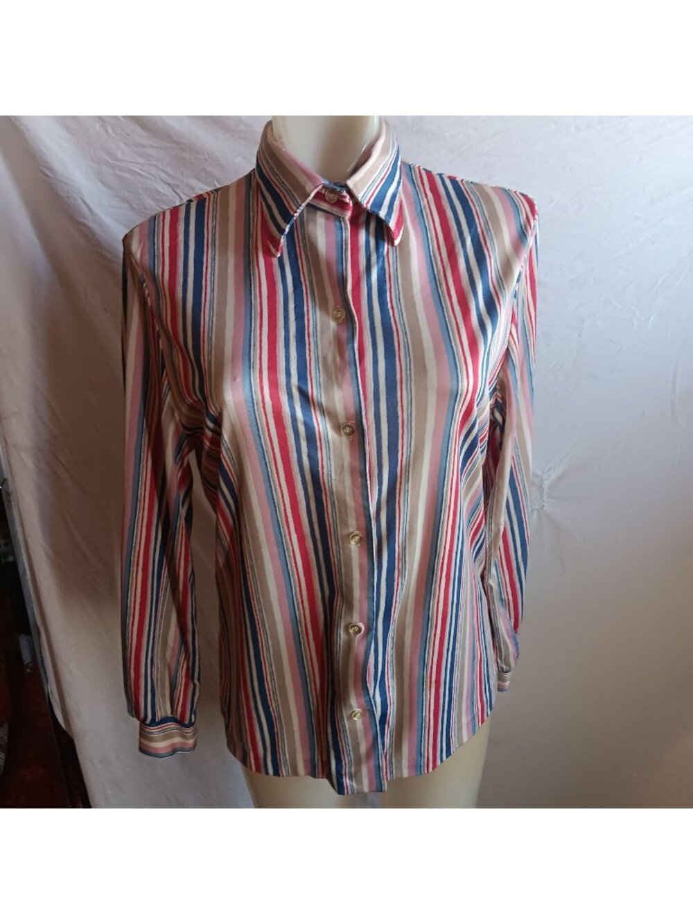True Vintage Top Medium 1970's Fuss Striped Button-Up Shirt Stretch Polyester